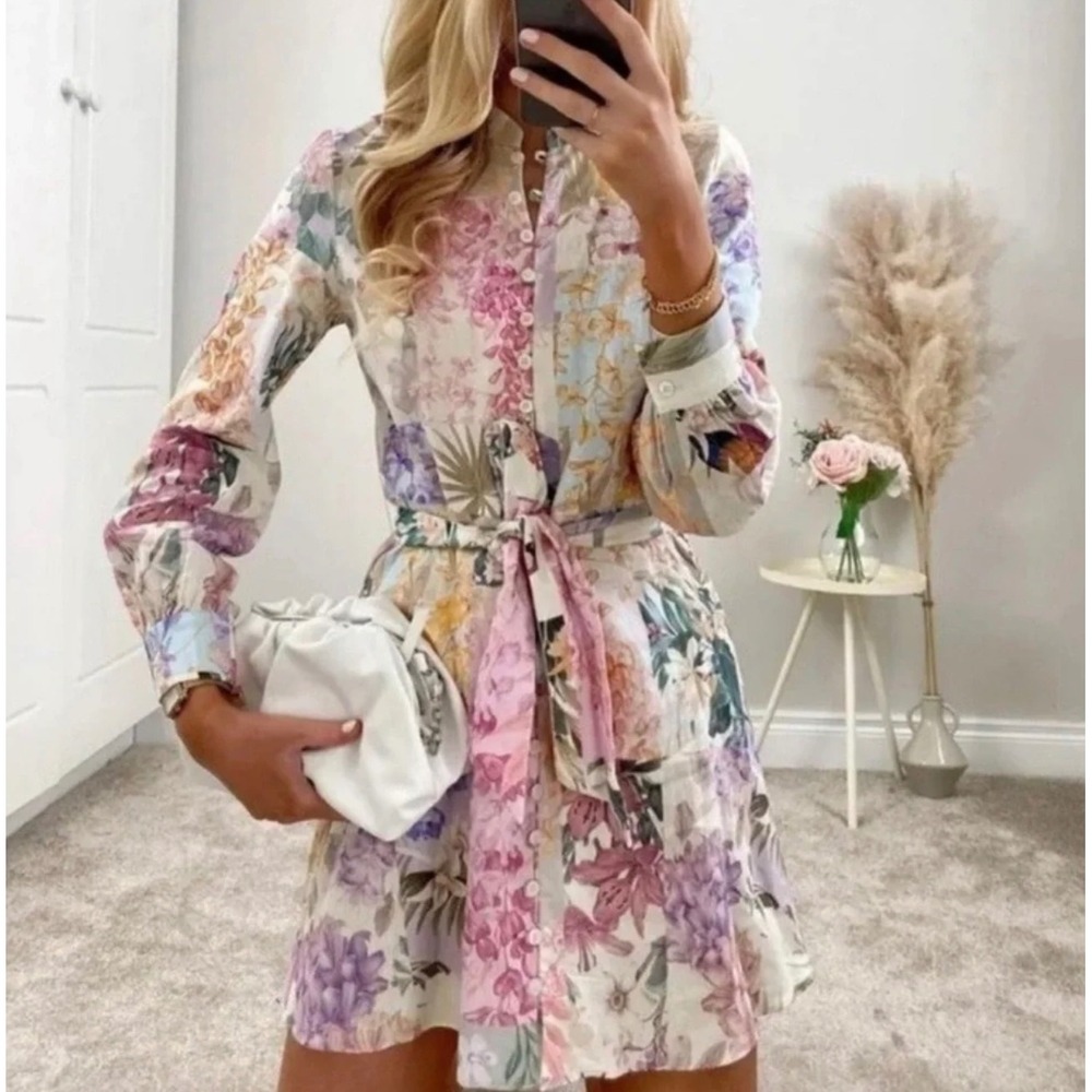 Zara Floral Print Linen Blend Button Up Tie Front Mini Dress XS Tropical Garden